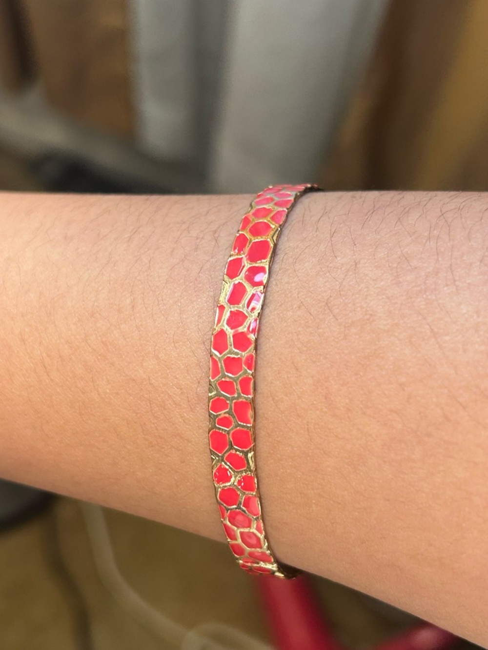 Cloisonné Inspired Red Enamel Gold Bangle Bracelet